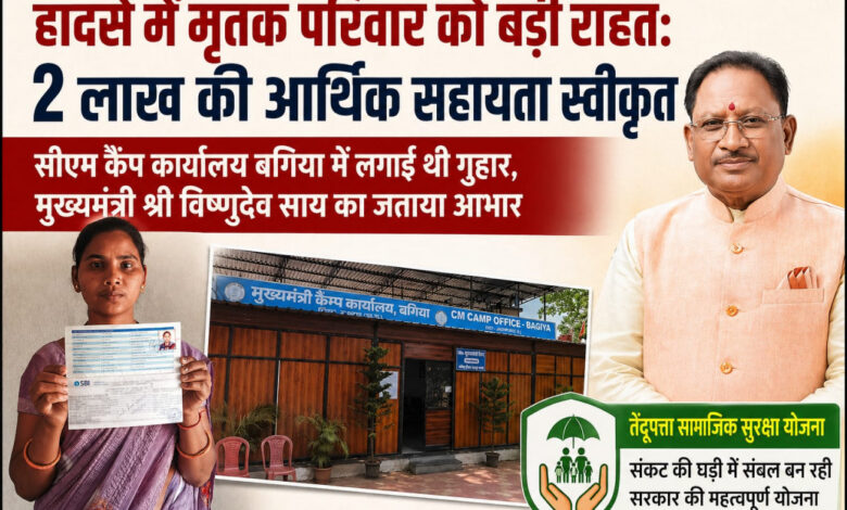 हादसे में मृतक परिवार को मिली बड़ी राहत: 2 लाख रुपए की सहायता स्वीकृत, सीएम कैंप कार्यालय बगिया में आवेदन के बाद त्वरित कार्रवाई…. हादसे में मृतक परिवार को मिली बड़ी राहत: 2 लाख रुपए की सहायता स्वीकृत, सीएम कैंप कार्यालय बगिया में आवेदन के बाद त्वरित कार्रवाई….